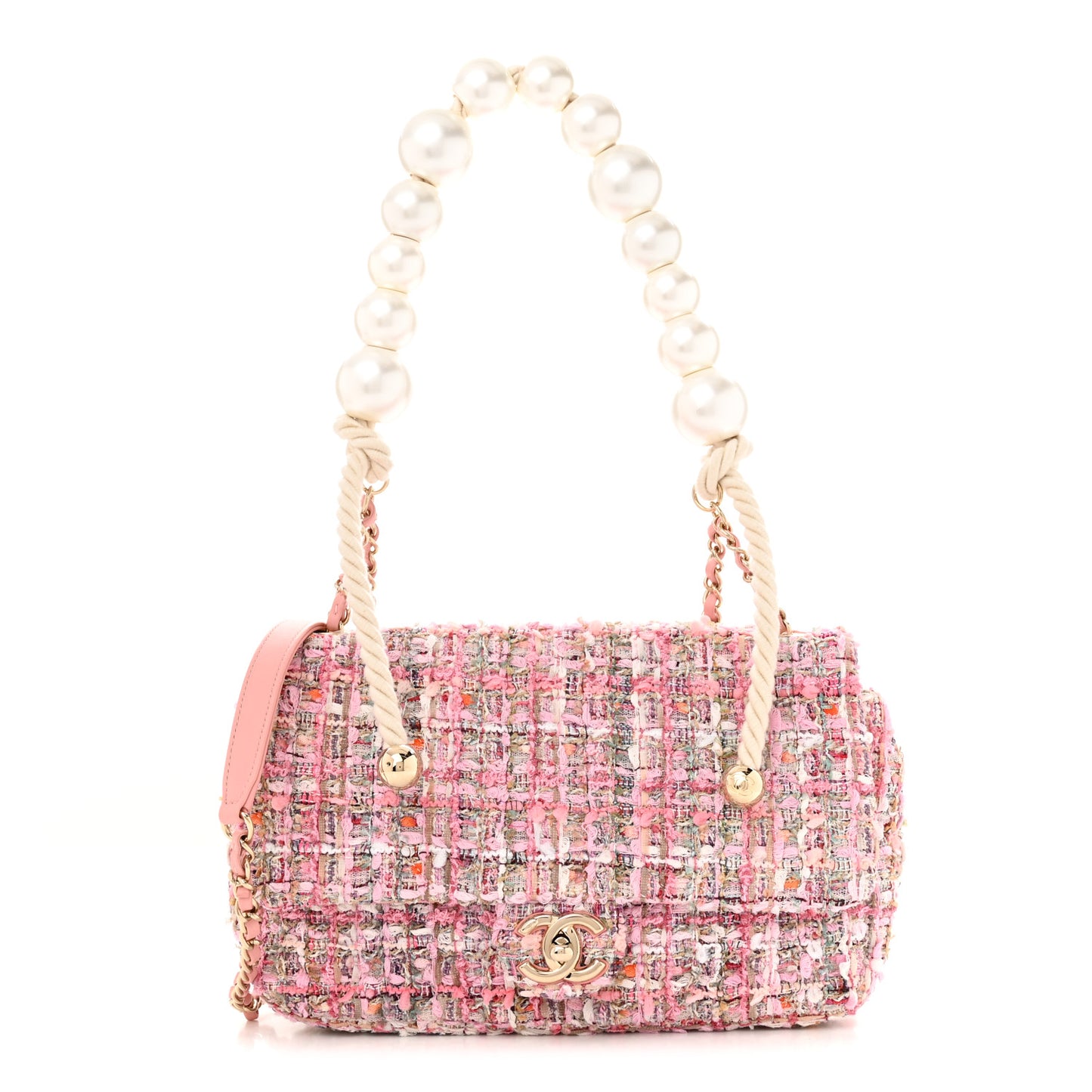 Tweed Medium Pearl Handle Flap Pink Beige Orange Ecru