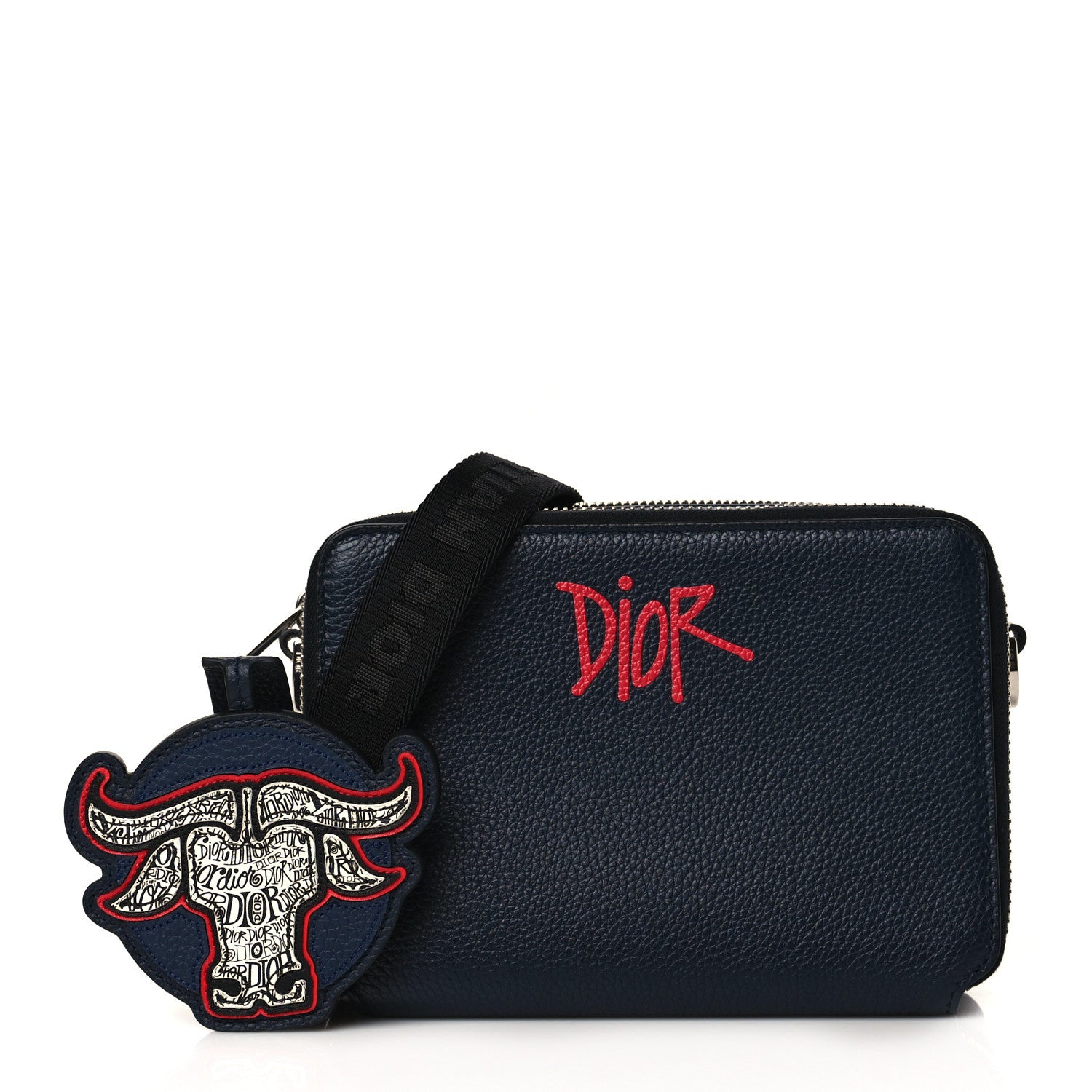 Christian Dior X SHAWN STUSSY Grained Calfskin Ox Head Crossbody Double Zip Crossbody Pouch Navy Blue 1 of 12