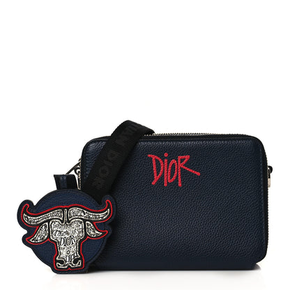 Christian Dior X SHAWN STUSSY Grained Calfskin Ox Head Crossbody Double Zip Crossbody Pouch Navy Blue 1 of 12