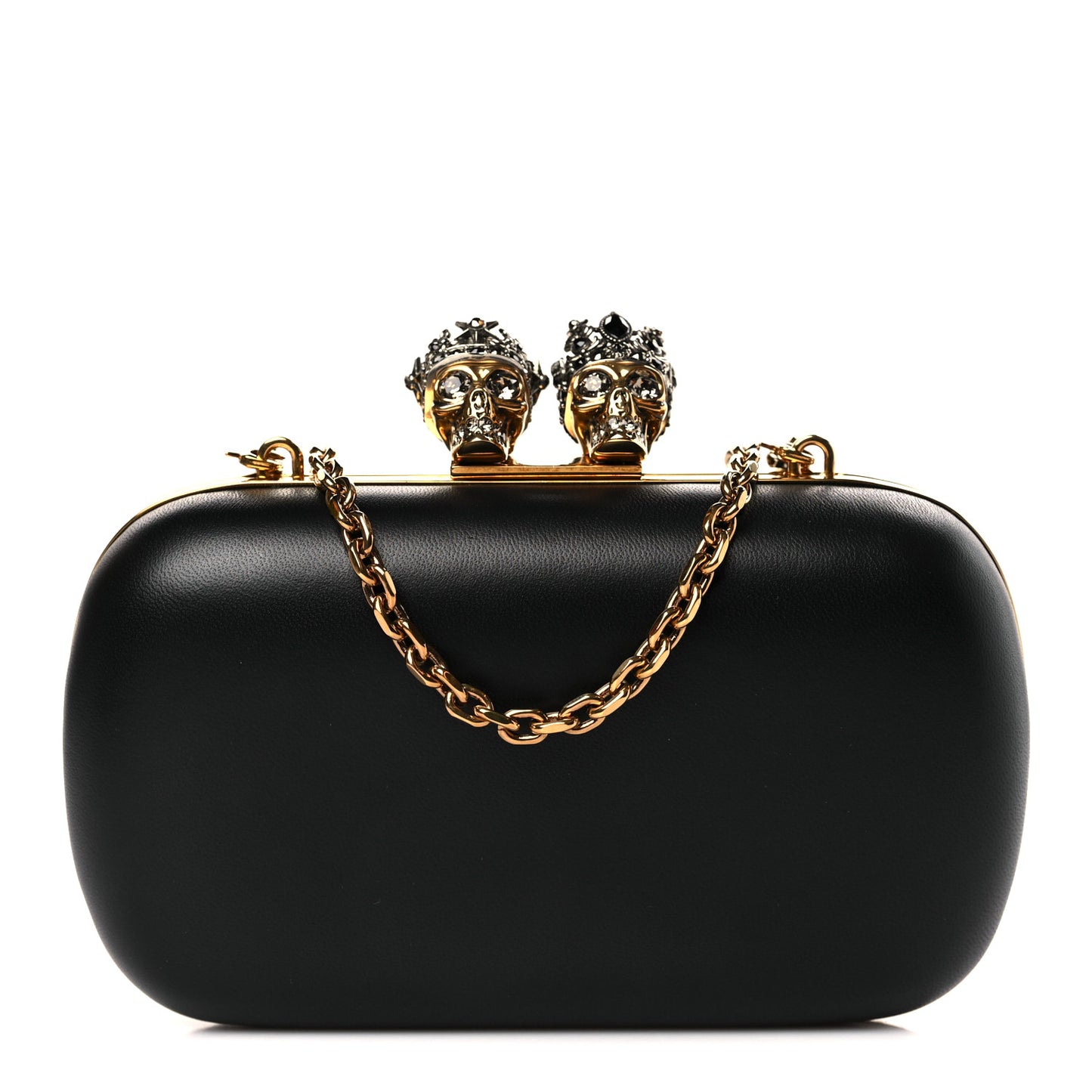 Nappa Queen and King Skull Box Chain Clutch Black