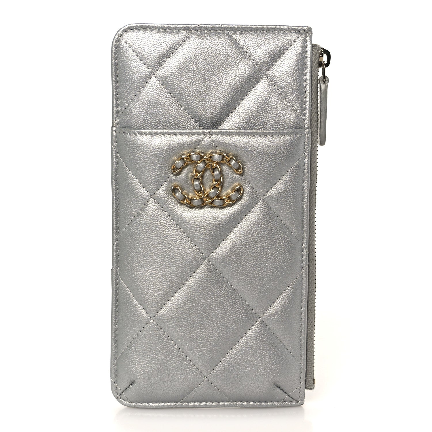 Chanel Lambskin Quilted Chanel 19 Phone and Card Holder Silver