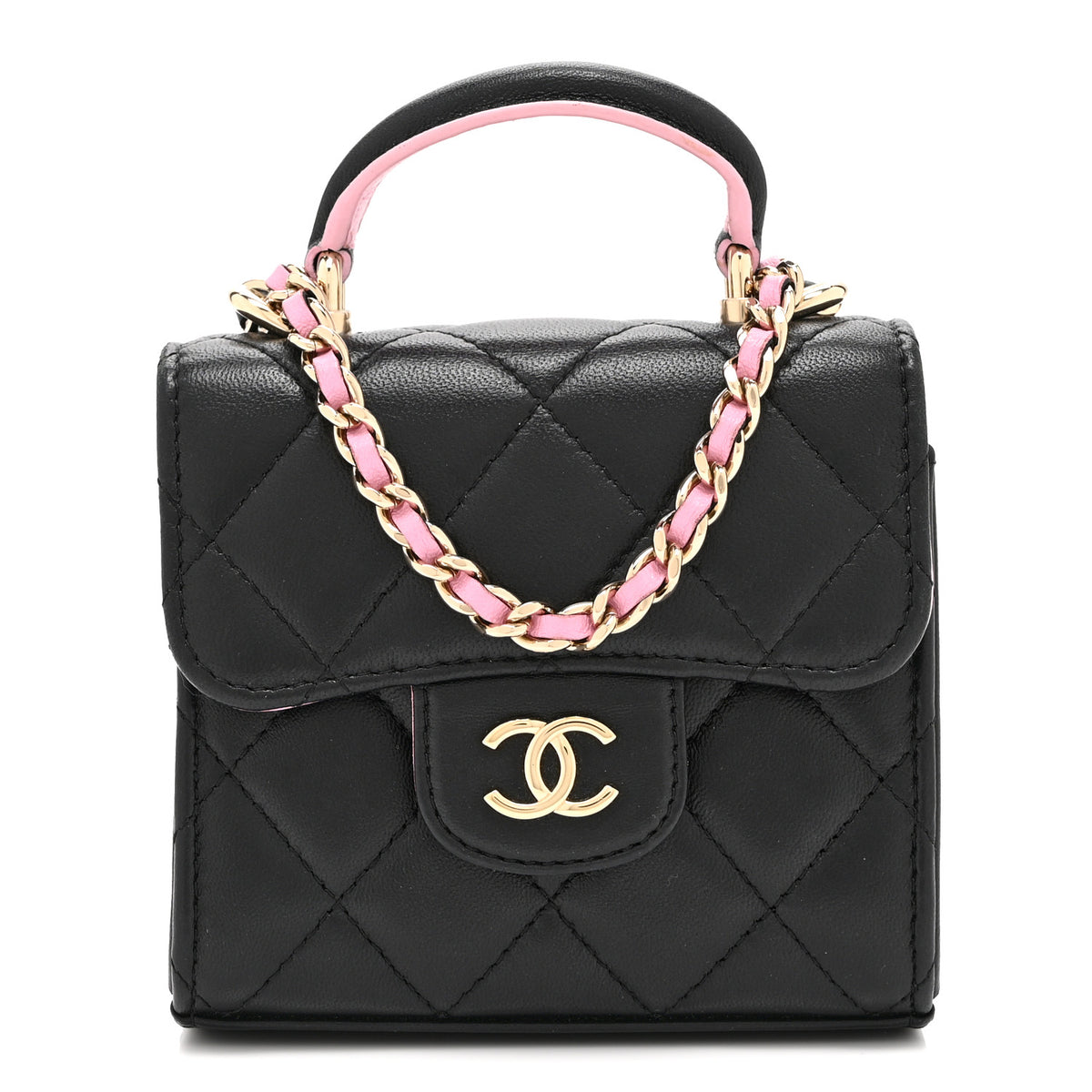 Lambskin Quilted Bi-Color Top Handle Clutch With Chain Black Pink