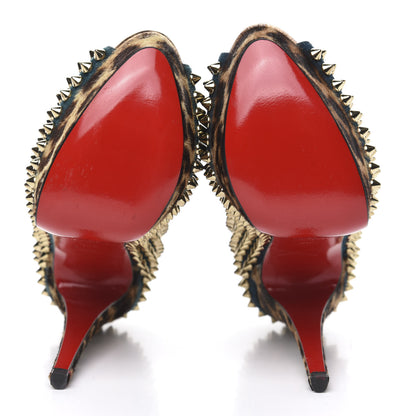 Christian Louboutin Veau Velours Calf Hair Leopard Lady Peep Spikes VIP 150 Pumps 35.5 Blue Khol Bronze 5 of 10