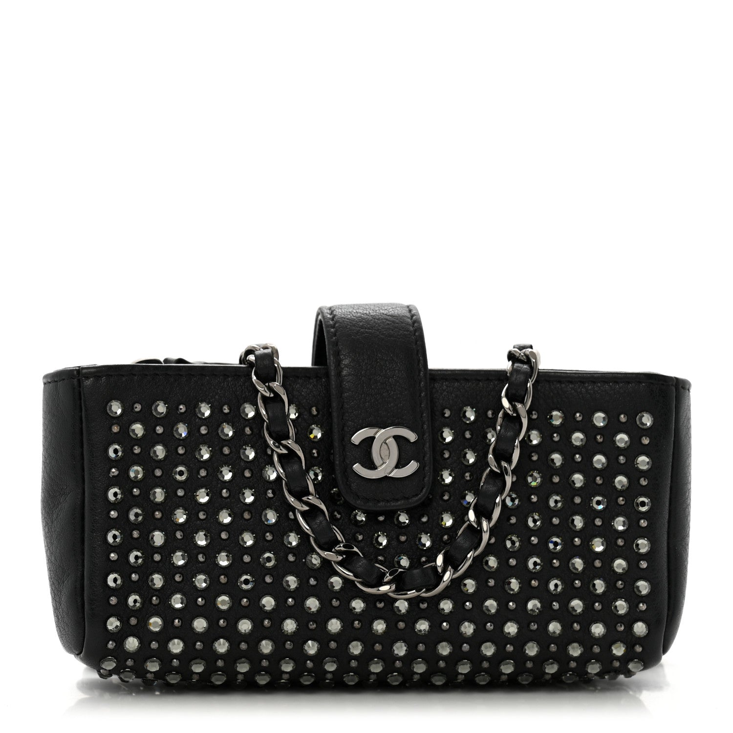 Chanel Calfskin Strass Studded Mini Phone Holder Clutch Black 1 of 13