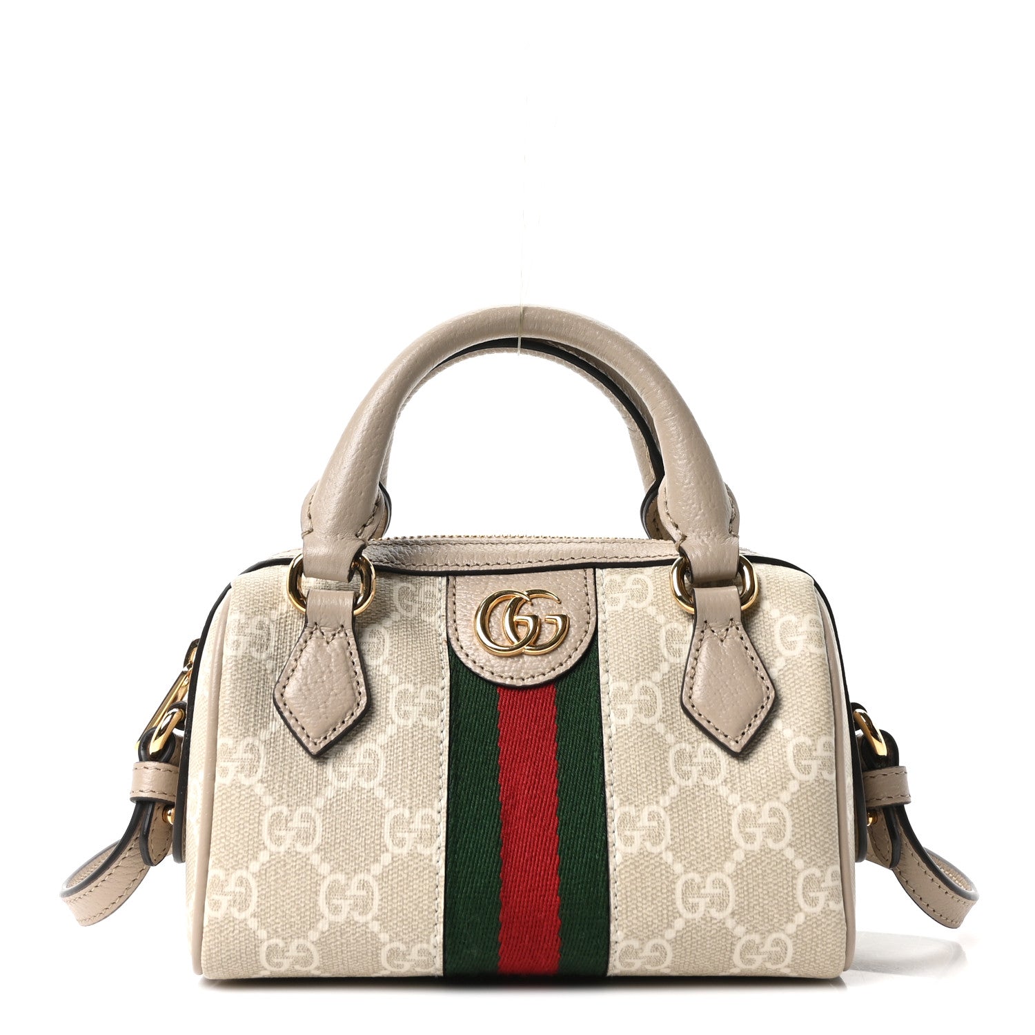 Gucci GG Supreme Monogram Textured Dollar Calfskin Web Super Mini Ophidia Top Handle Bowler Bag Beige Mystic White Oatmeal 1 of 9