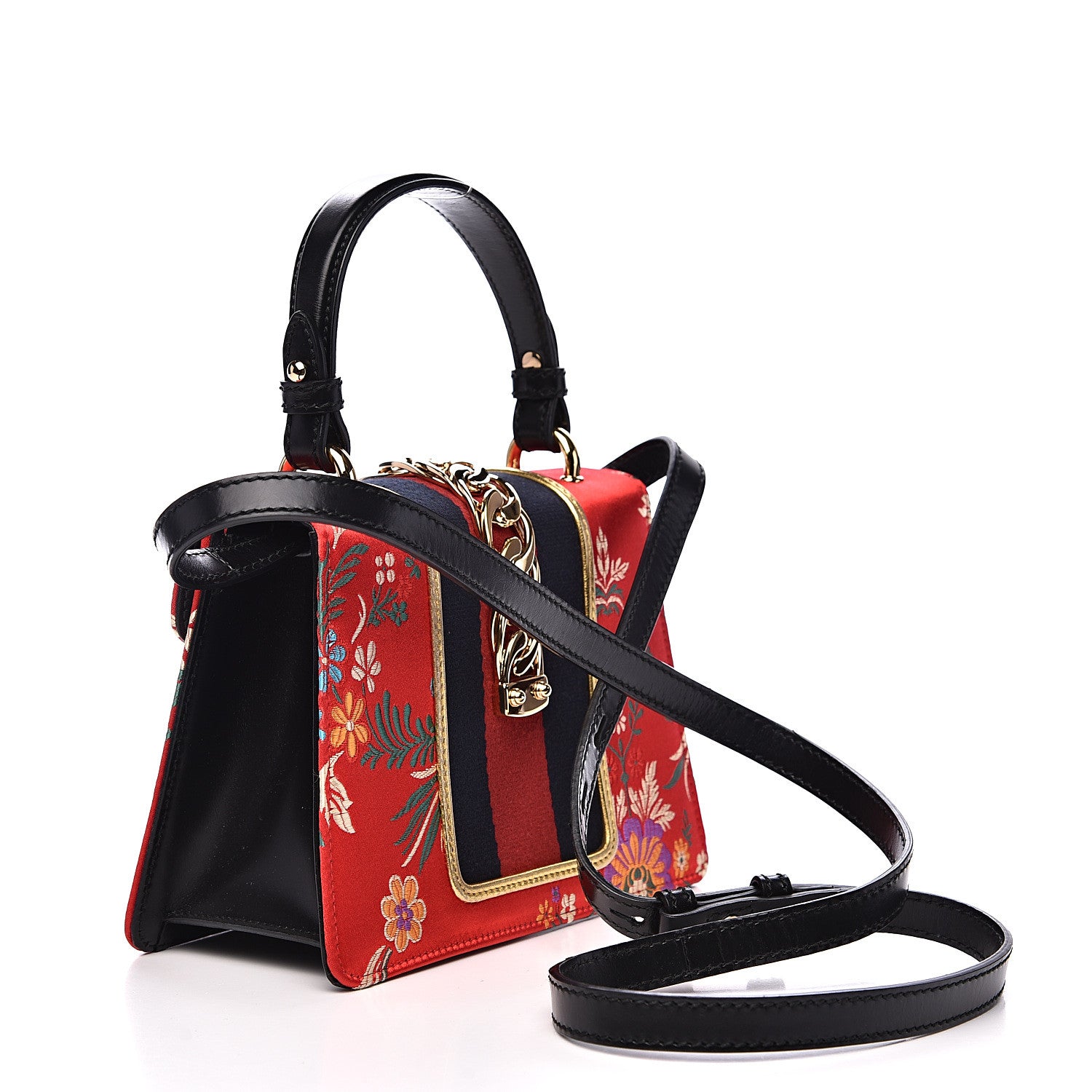 Gucci Jacquard Floral Mini Sylvie Top Handle Bag Red Multicolor Black 3 of 13