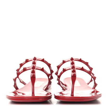 Valentino Garavani PVC Jelly Monochrome Rockstud Caged Flat Thong Sandals 38 Rosso 3 of 9
