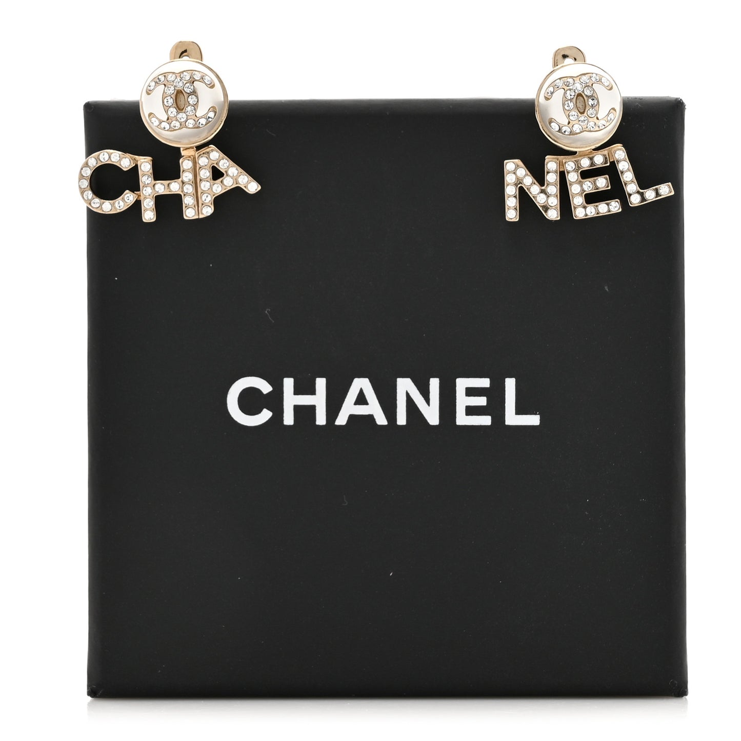 Crystal Pearl Cha-Nel Logo Earrings Gold