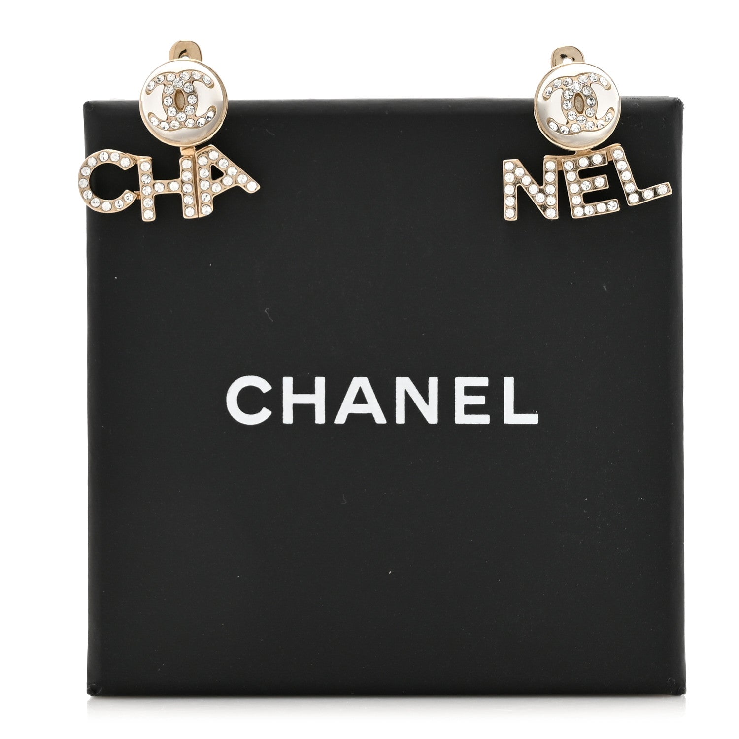 Chanel Crystal Pearl Cha-Nel Logo Earrings Gold 6 of 6