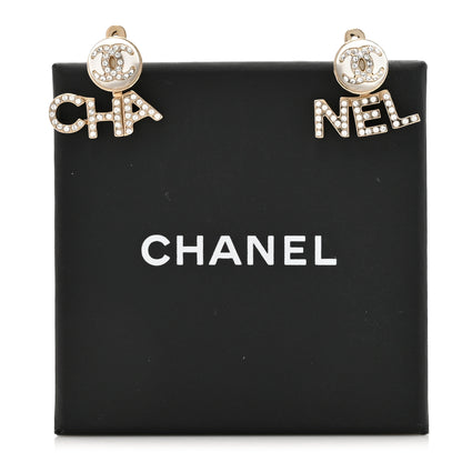 Chanel Crystal Pearl Cha-Nel Logo Earrings Gold 6 of 6