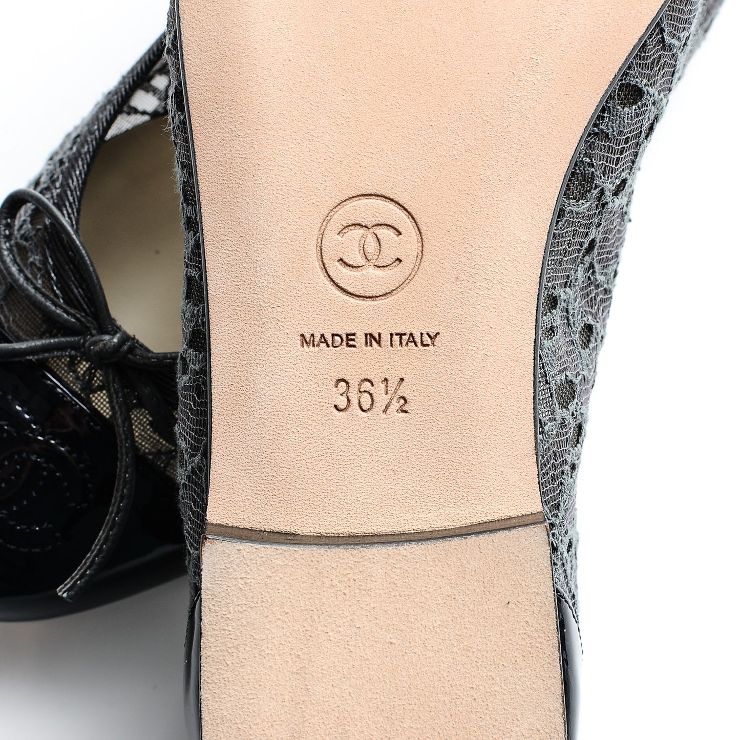 Lace Patent Calfskin Cap Toe CC Ballerina Flats 36.5 Dark Grey Navy