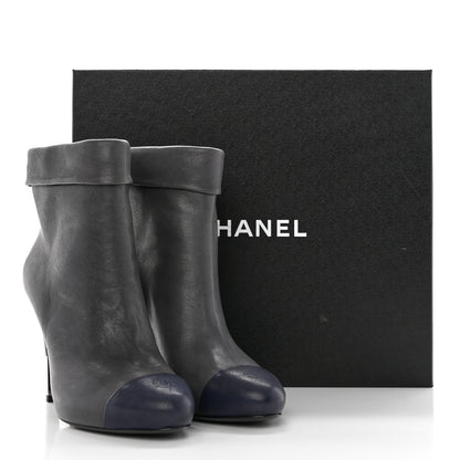 Chanel Lambskin CC Cap Toe Ankle Boots 37 Grey Navy Blue 16 of 16
