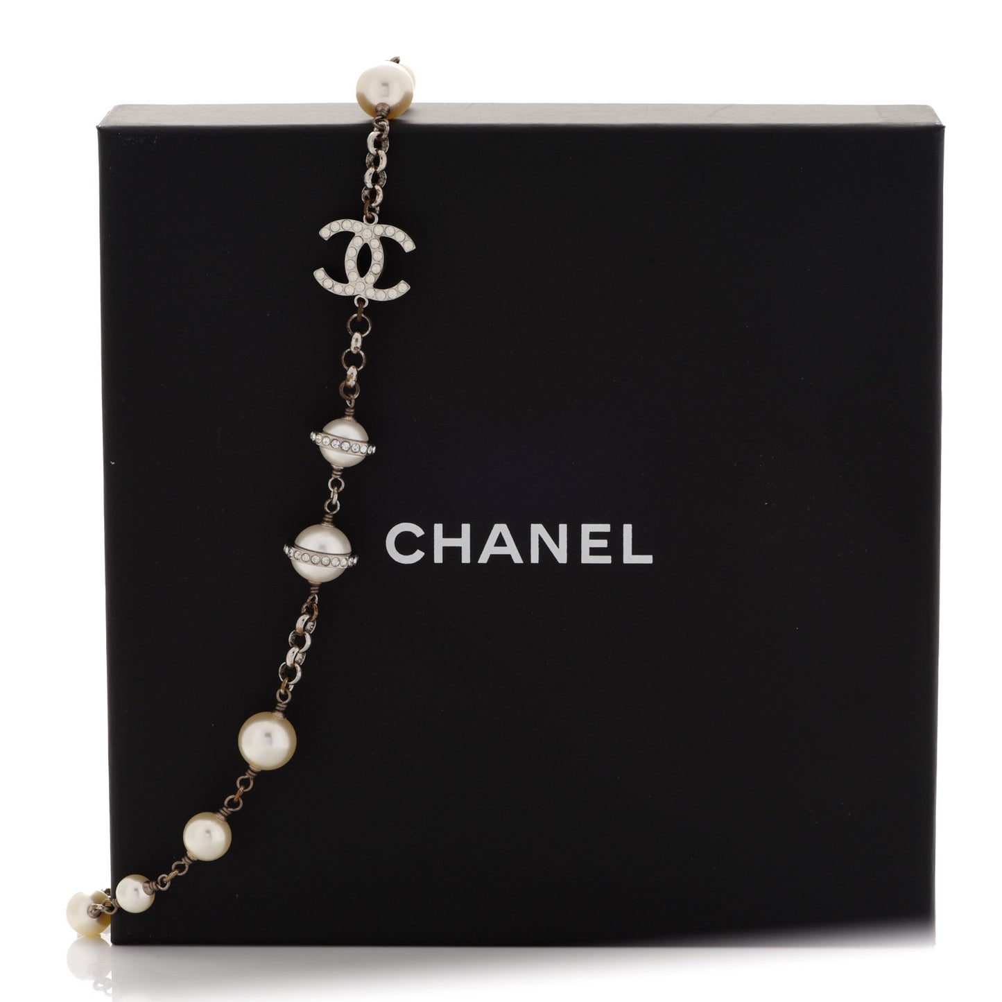 Crystal Pearl Beaded CC Long Necklace Grey
