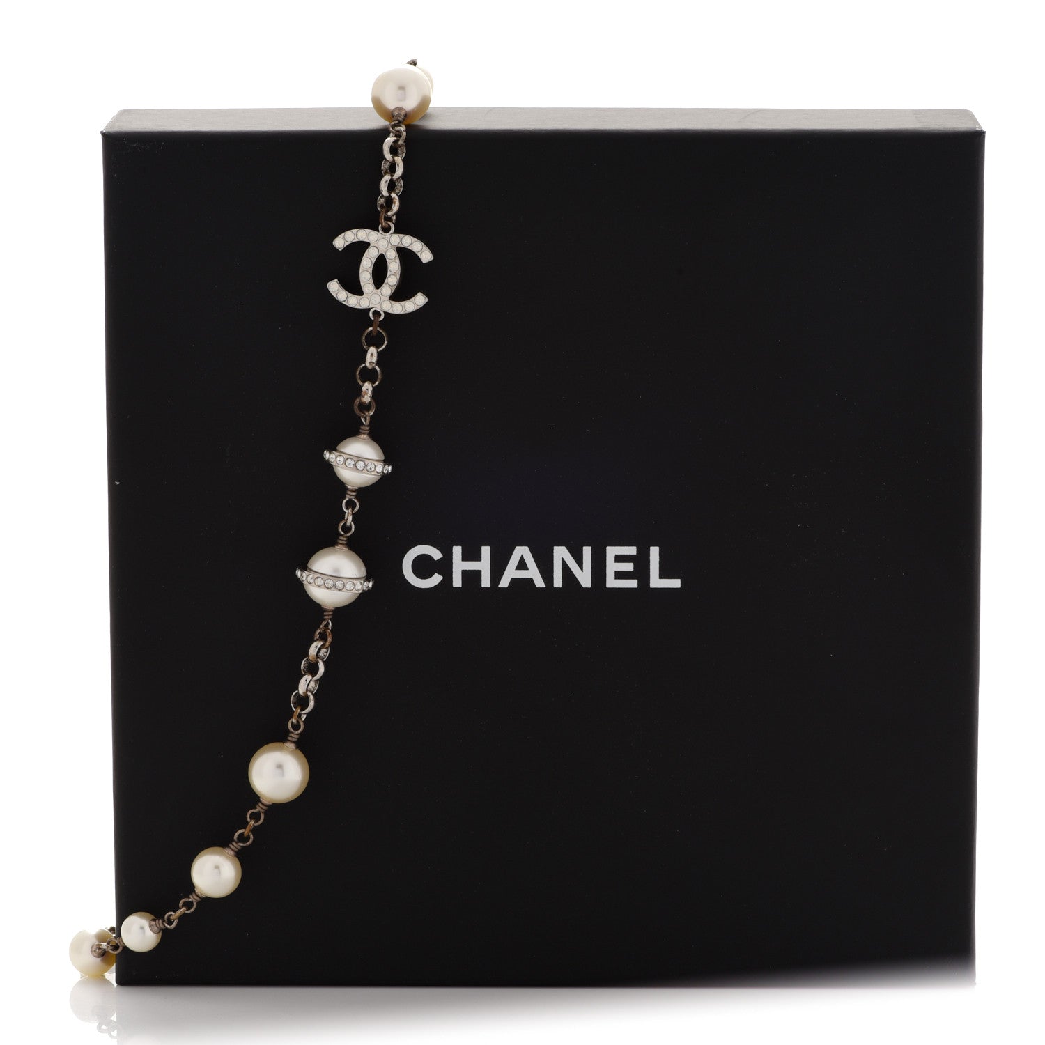 Chanel Crystal Pearl Beaded CC Long Necklace Grey 6 of 6