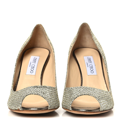 Jimmy Choo Glitter Fabric Evelyn Peep Toe Pumps 40.5 Champagne 3 of 9