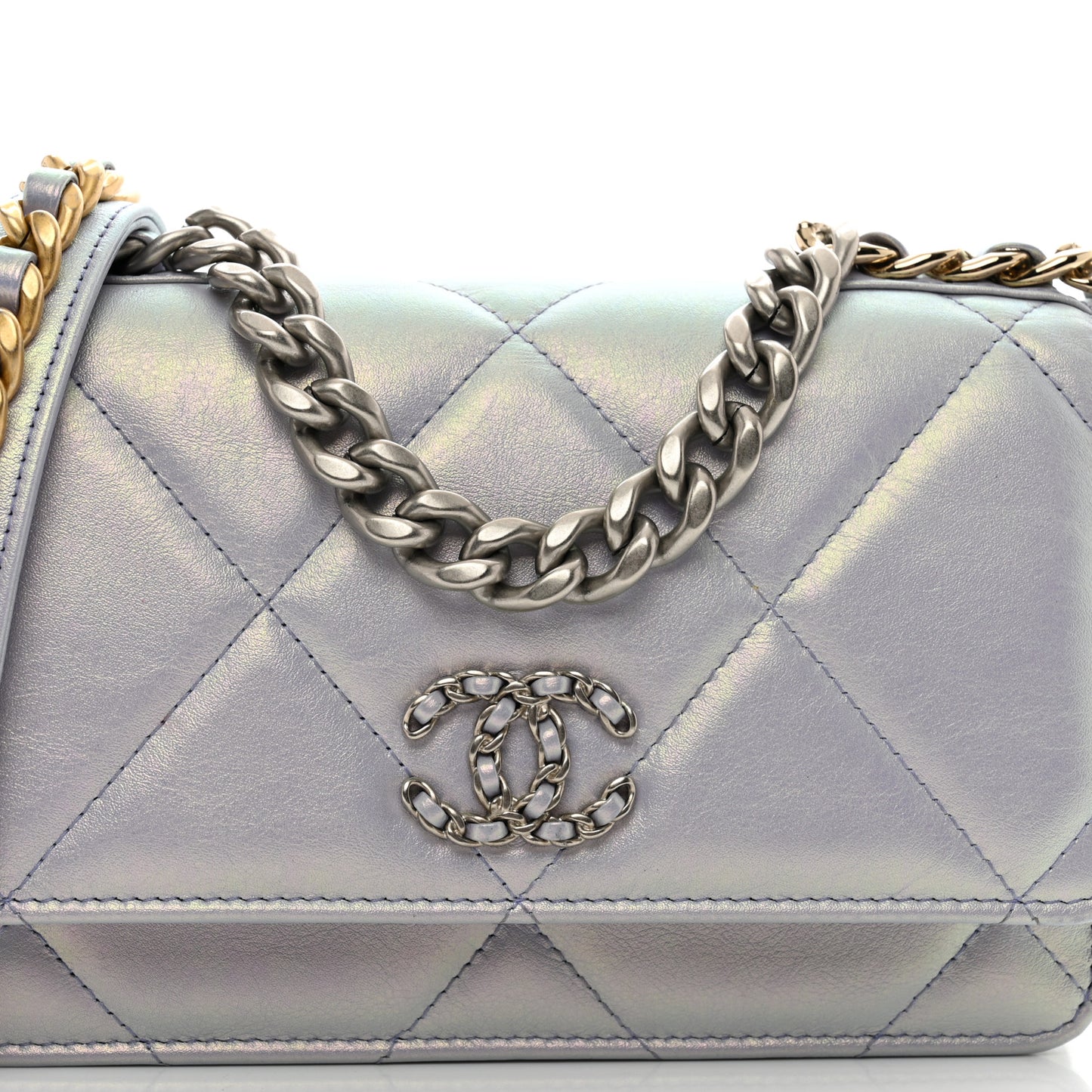 Iridescent Calfskin Quilted Chanel 19 Wallet On Chain WOC Light Purple