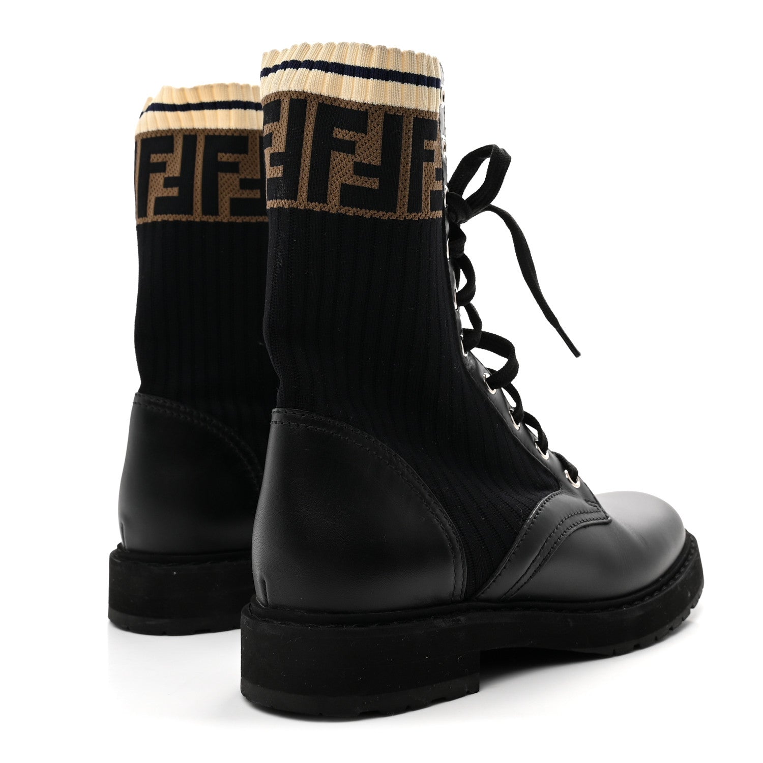 Fendi Calfskin Stretch Fabric Rockoko Biker Boots 37 Tobacco Black Marino 5 of 8