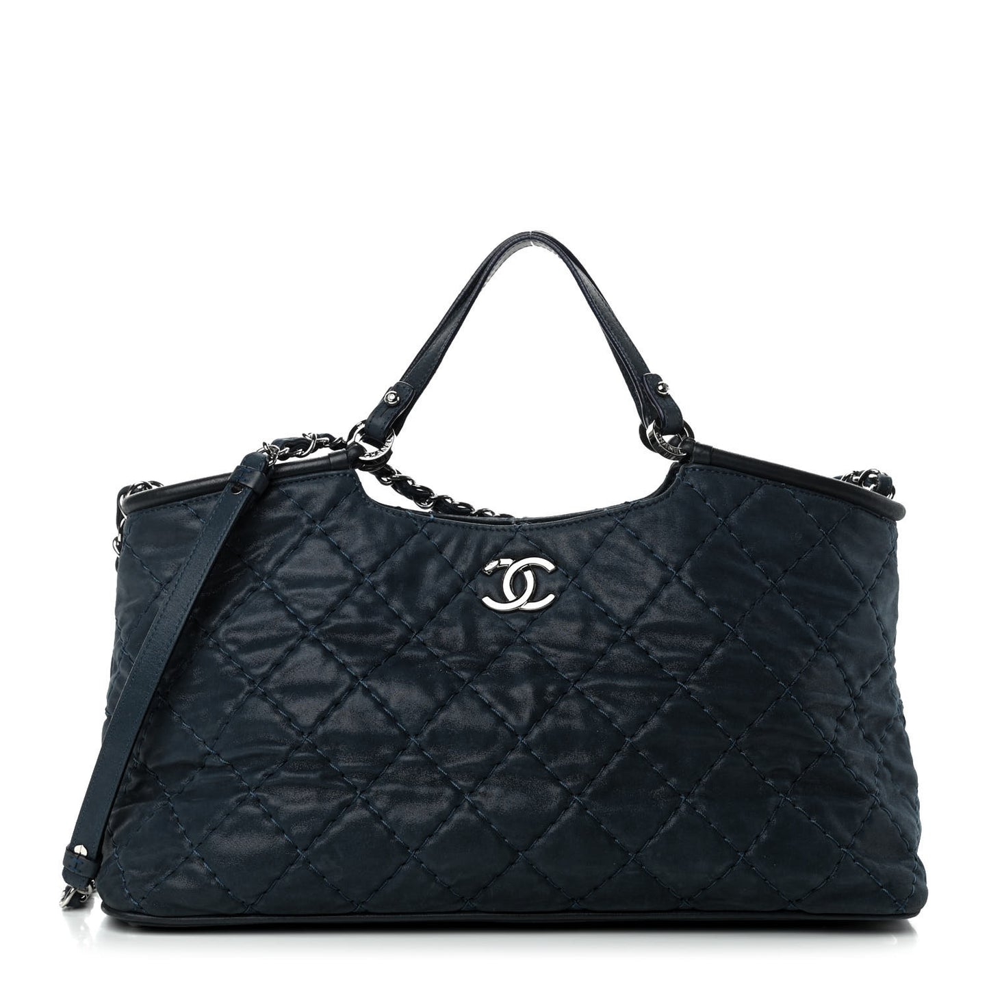 Iridescent Calfskin Quilted Small Sea Hit Tote Navy