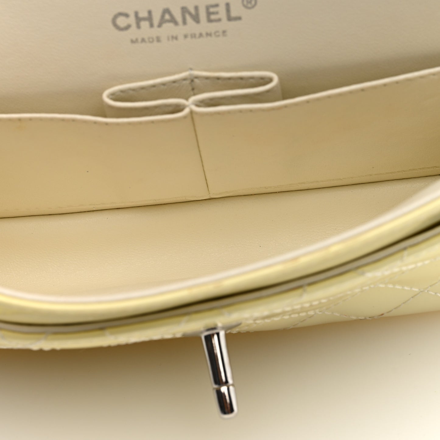 Patent Calfskin Quilted Rectangular Double Flap White