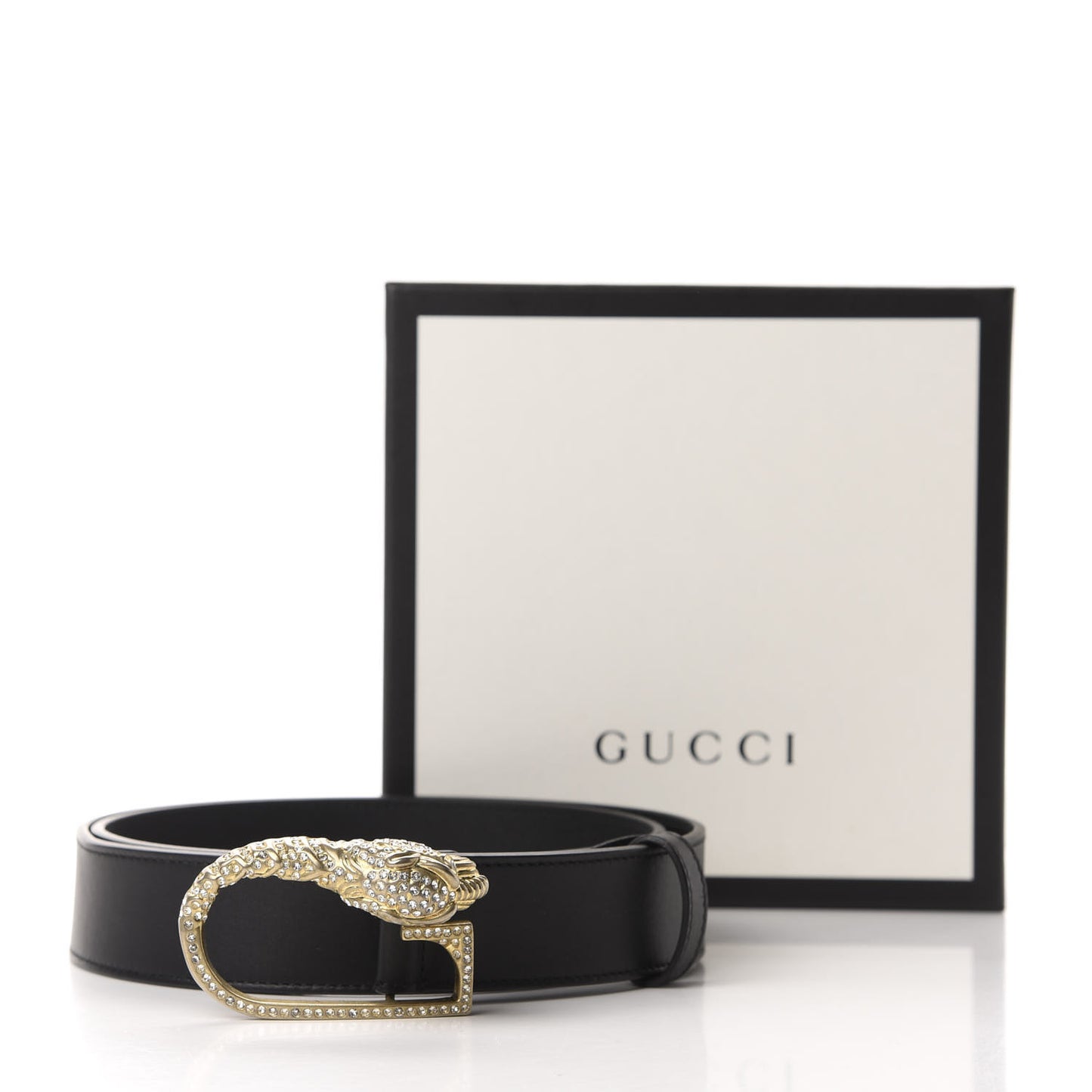 Moon Calfskin Crystal Tiger Head G Buckle 35mm Belt 90 36 Black