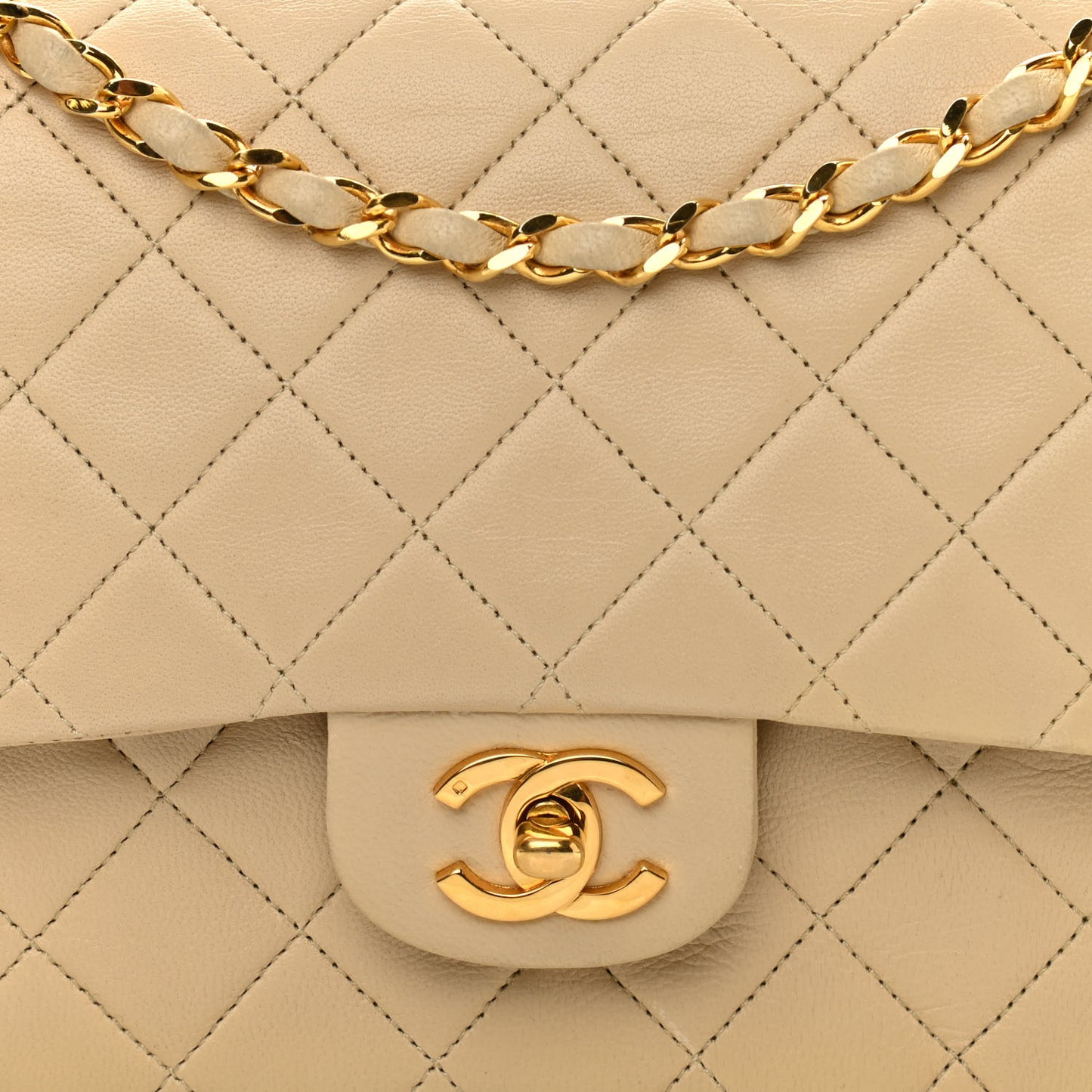 Lambskin Quilted Medium Double Flap Beige