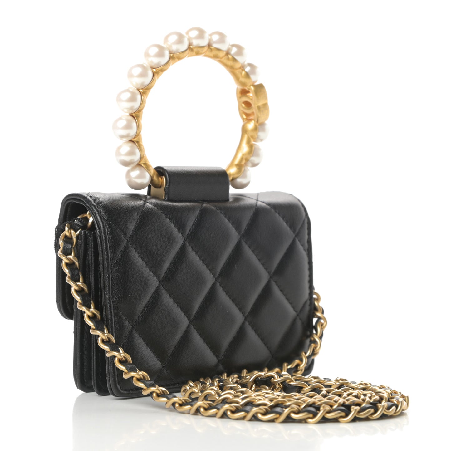 Lambskin Quilted Pearl Crown Clutch With Chain Black