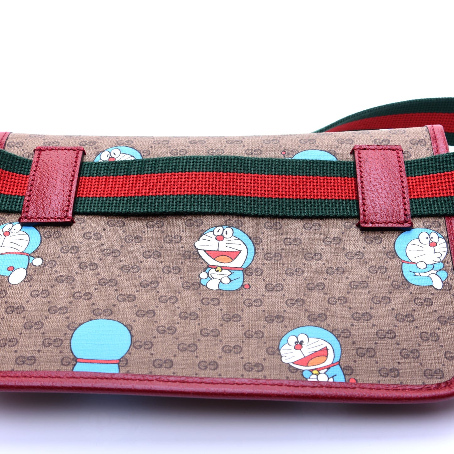 X DORAEMON Mini Vintage GG Supreme Monogram Web Slim Belt Bag Beige Cherry Red
