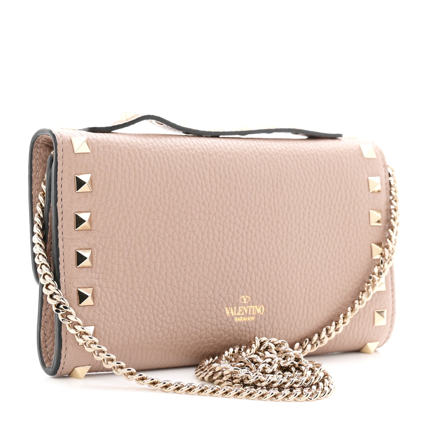 Pebbled Calfskin Rockstud Flip Lock Wallet On Chain Poudre