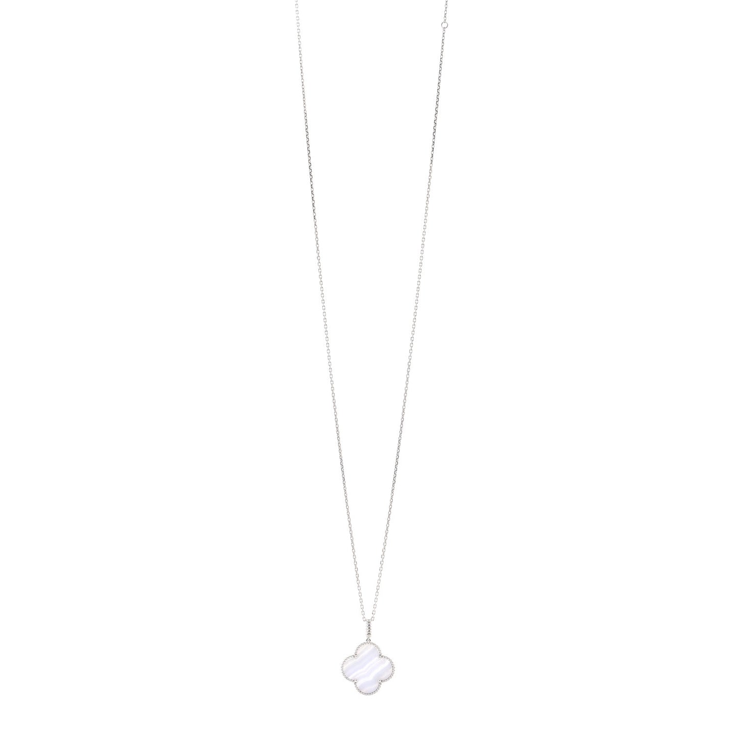 18K White Gold Chalcedony Magic Alhambra Pendant Long Necklace