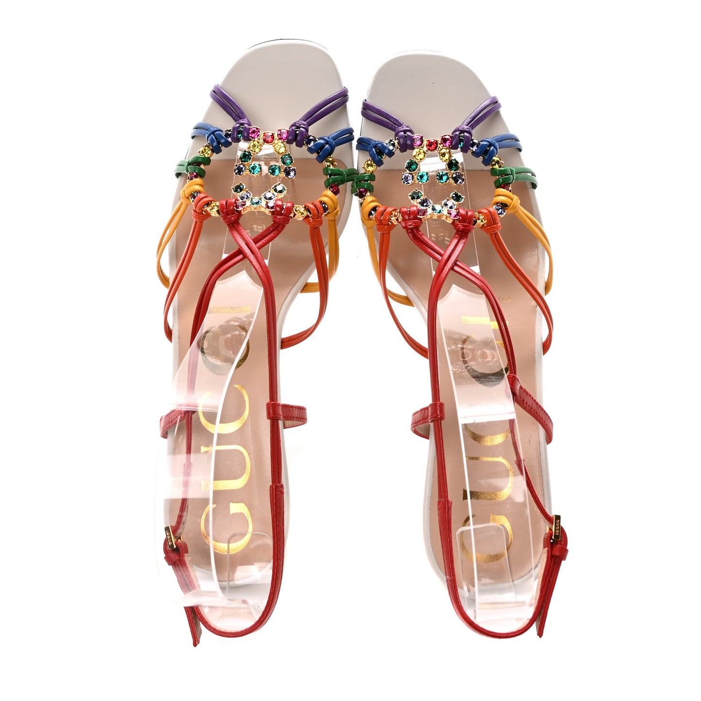 Calfskin Crystal GG Isa Ankle Strap Mid Heel Sandals 35 Multicolor