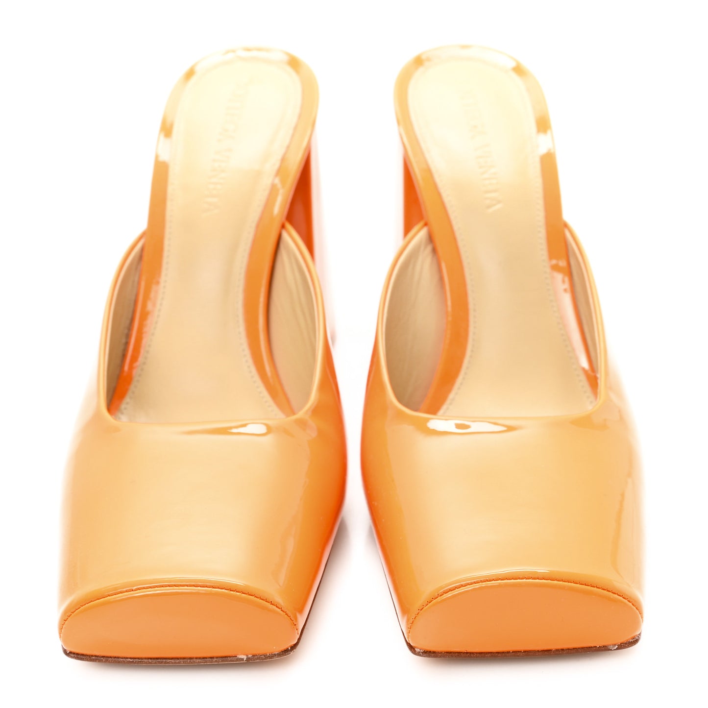 Supergloss Patent Tower 90mm Mule Pumps 36.5 Tangerine