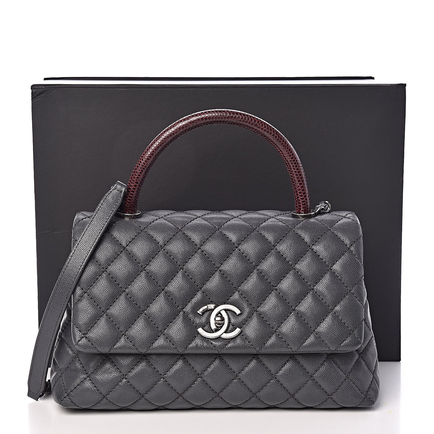 Caviar Lizard Quilted Small Coco Handle Flap Dark Grey