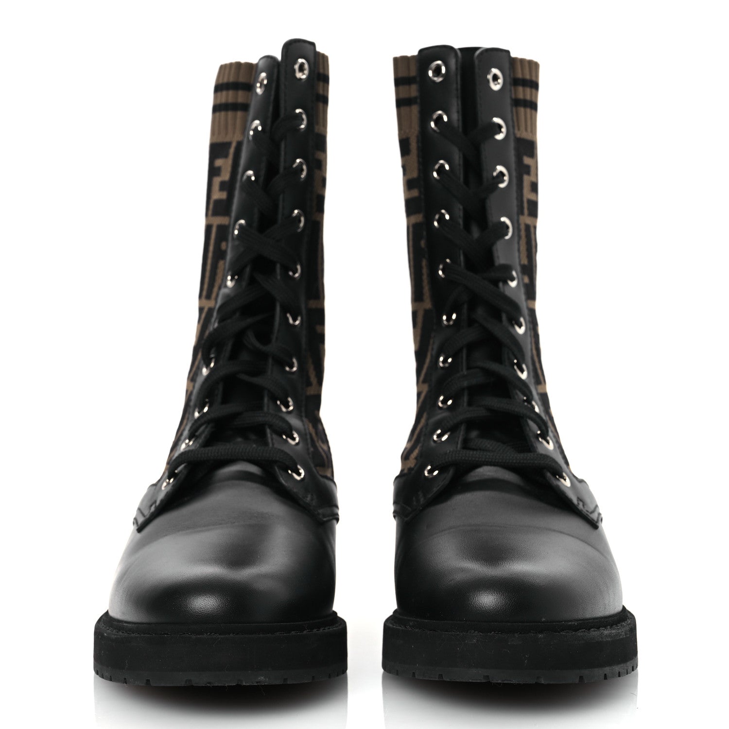 Fendi Calfskin Stretch Fabric FF Rockoko Biker Boots 40 Black Tobacco 3 of 14