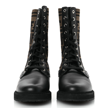 Fendi Calfskin Stretch Fabric FF Rockoko Biker Boots 40 Black Tobacco 3 of 14