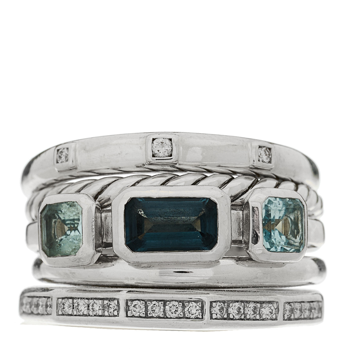 David Yurman Sterling Silver Diamond Hampton Blue Topaz 15mm Stax Five-Row Ring 56 7.5 1 of 6