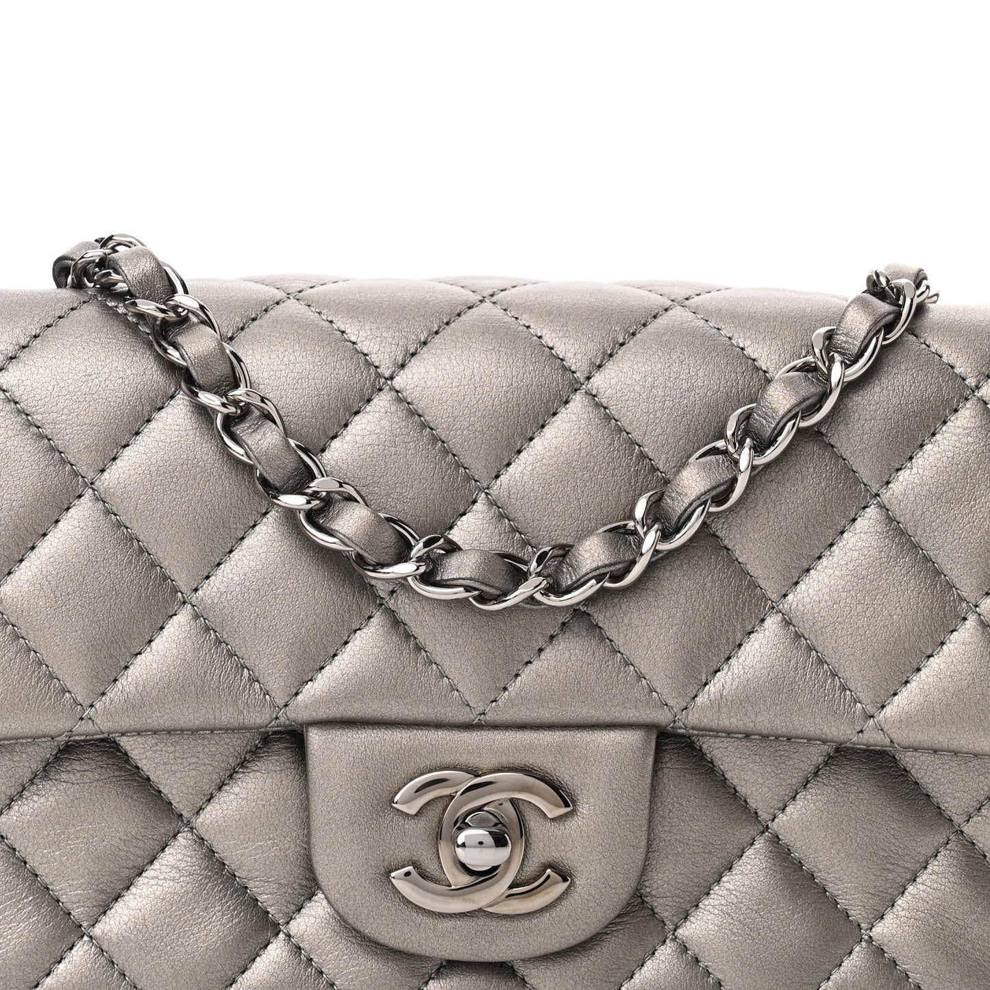Metallic Calfskin Quilted Mini Rectangular Flap Ruthenium