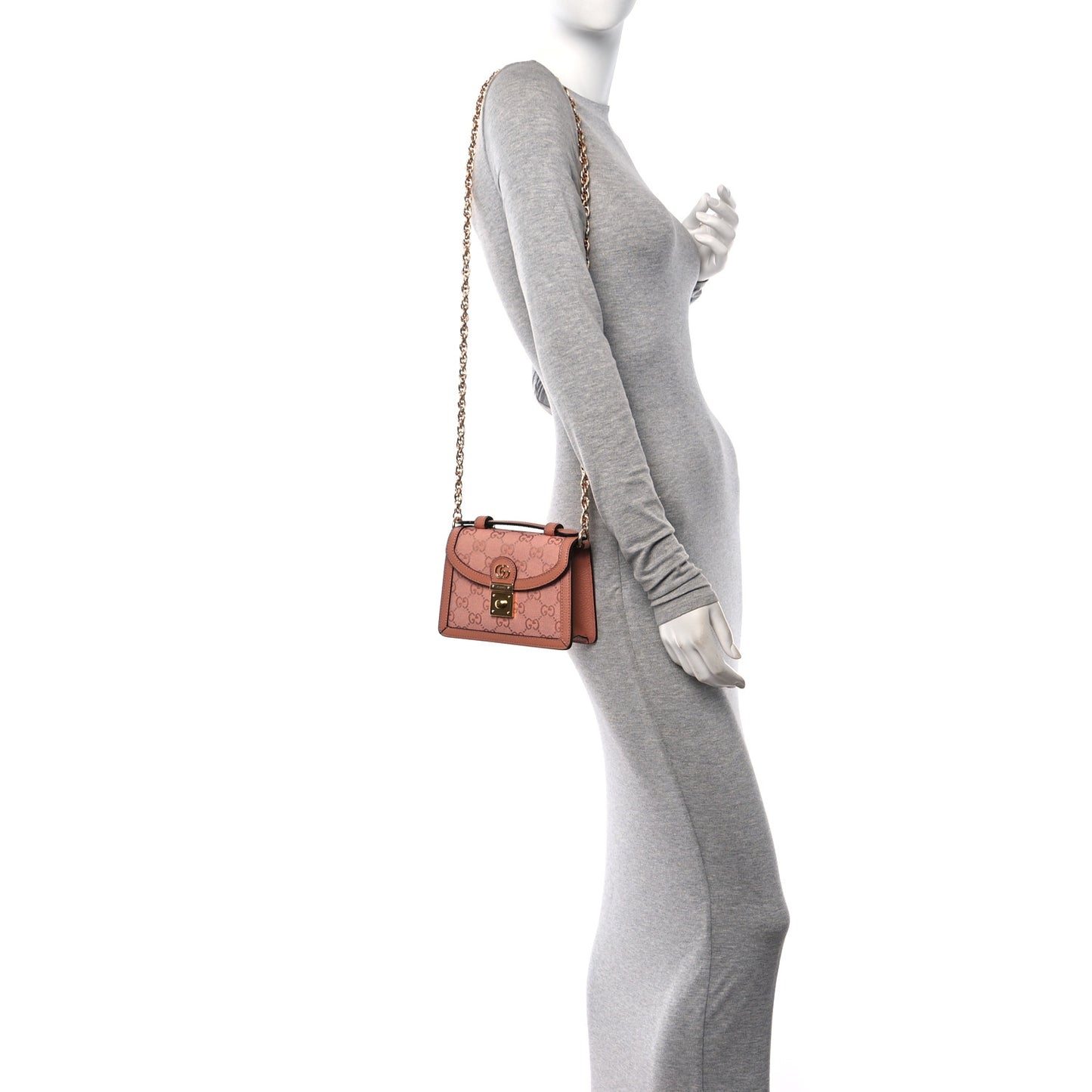 GG Monogram Textured Dollar Calfskin Mini Ophidia Padlock Top Handle Chain Shoulder Bag Cloche Rose Pink