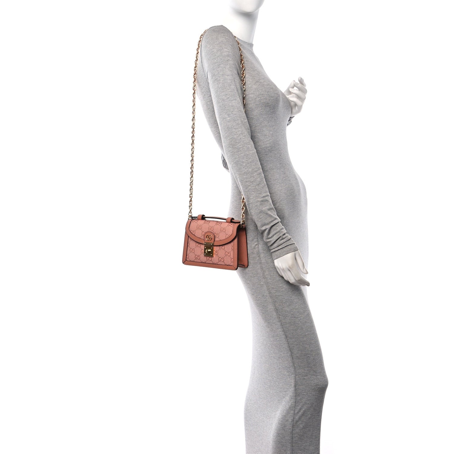 Gucci GG Monogram Textured Dollar Calfskin Mini Ophidia Padlock Top Handle Chain Shoulder Bag Cloche Rose Pink 2 of 16