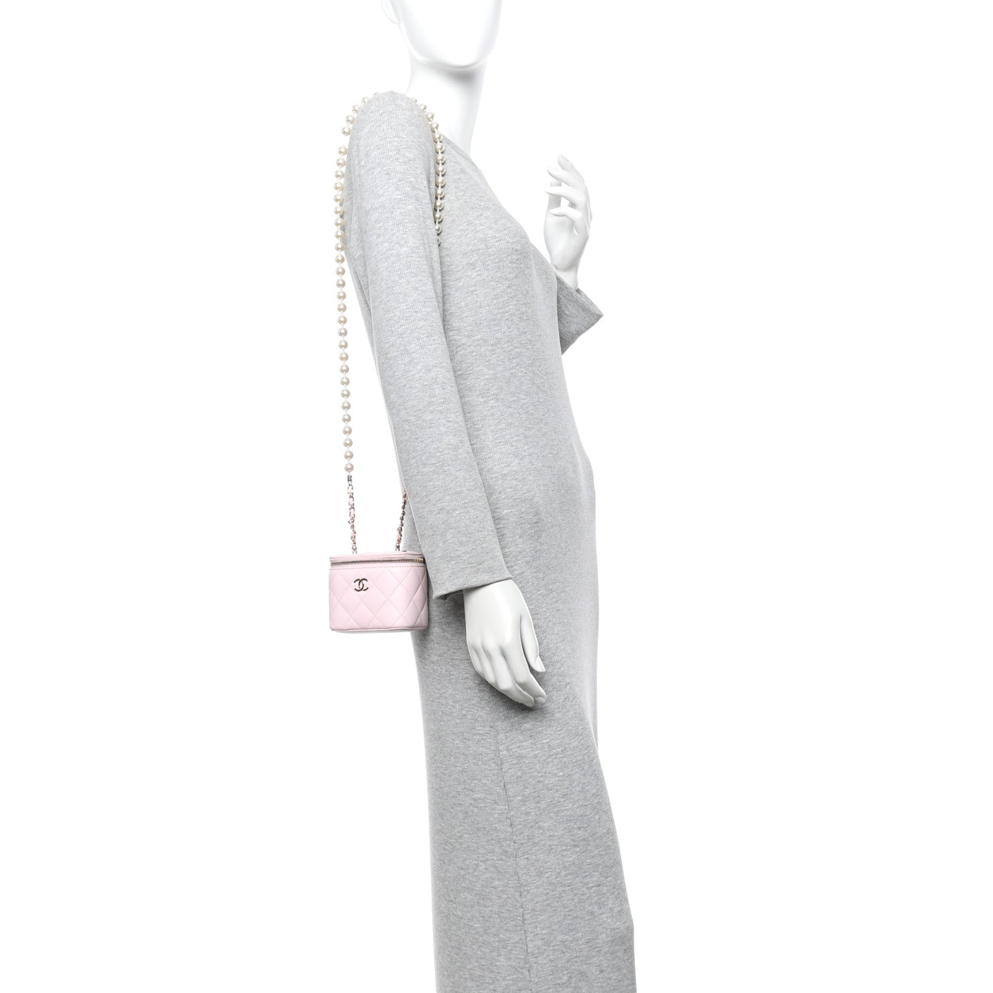 Lambskin Quilted Mini Vanity Case With Pearl Chain Light Pink