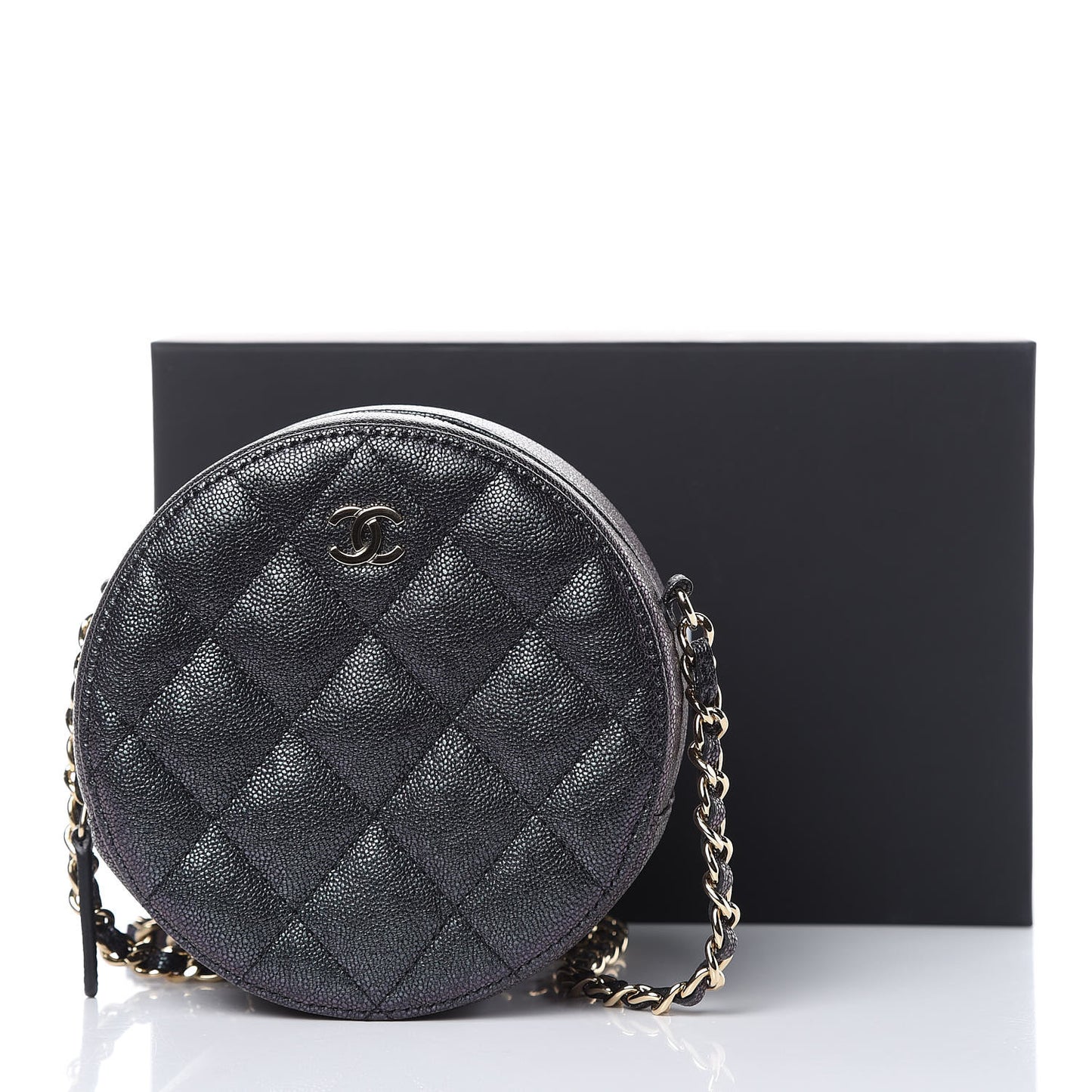Iridescent Caviar Quilted Round Clutch With Chain Black