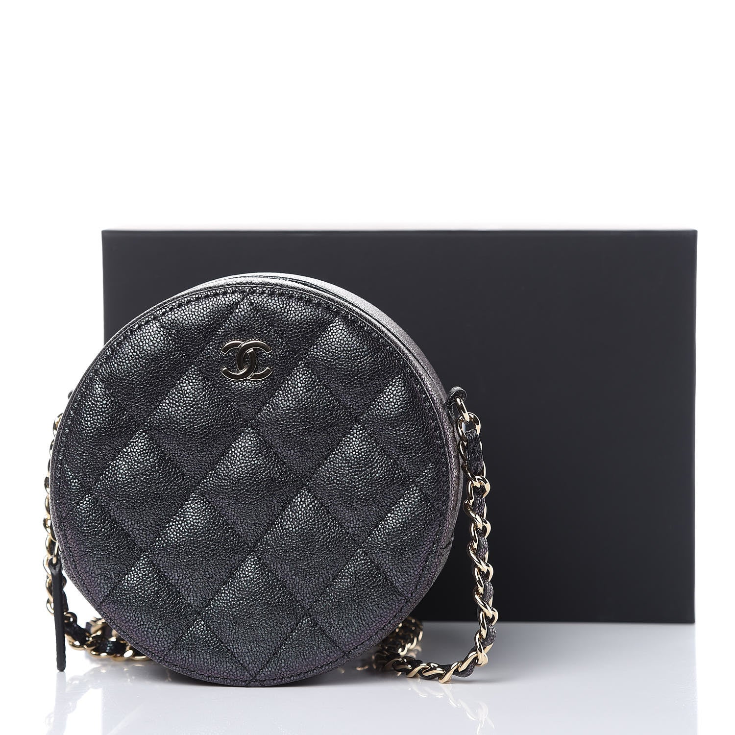 Chanel Iridescent Caviar Quilted Round Clutch With Chain Black 11 of 11