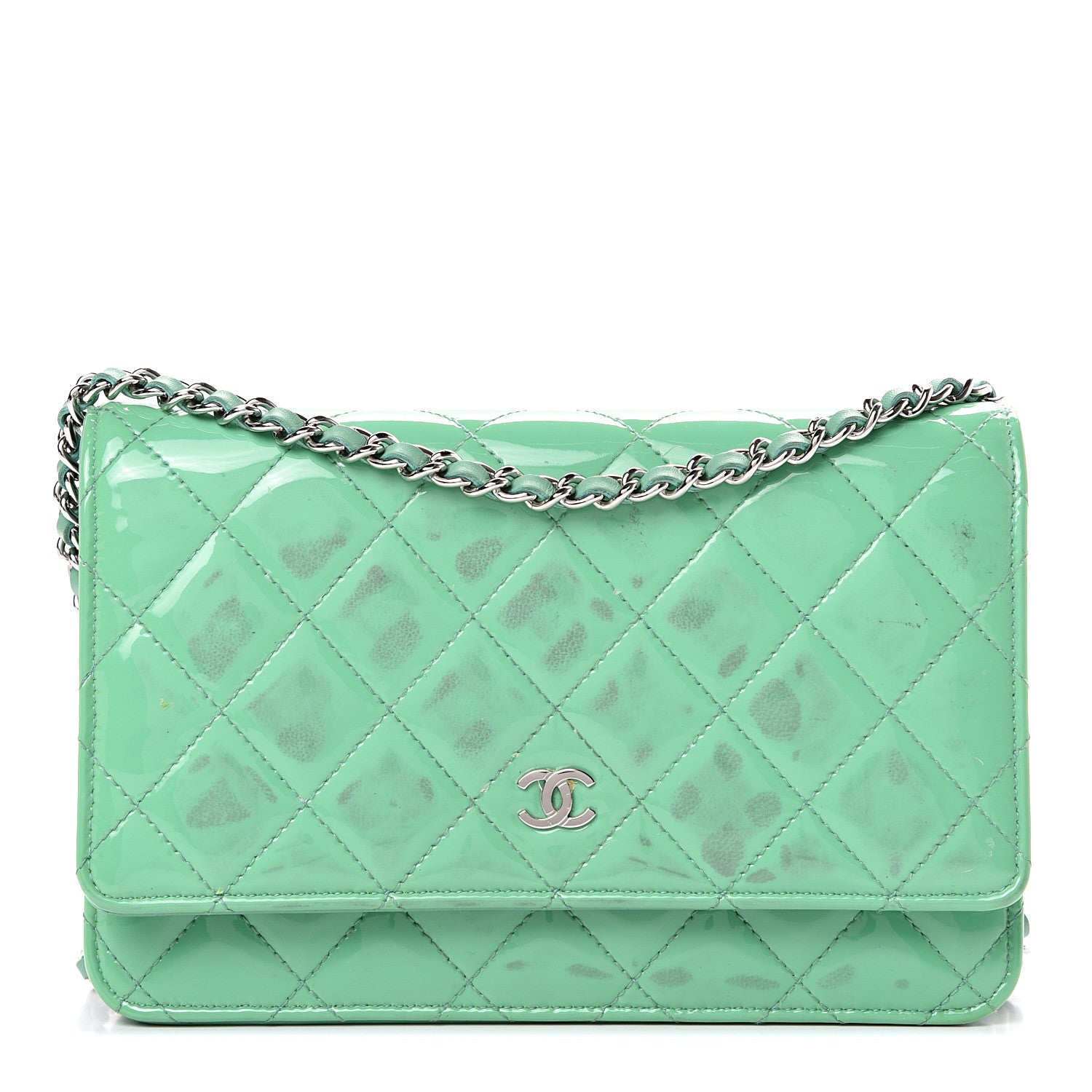 Chanel Patent Quilted Wallet On Chain WOC Green 1 of 18