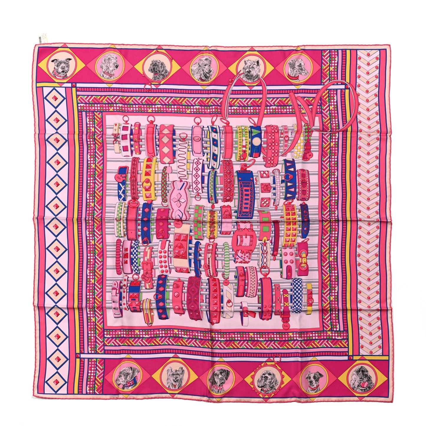 Silk Carre Wash Colliers de Chiens Scarf 90 Rose Bleu Jaune