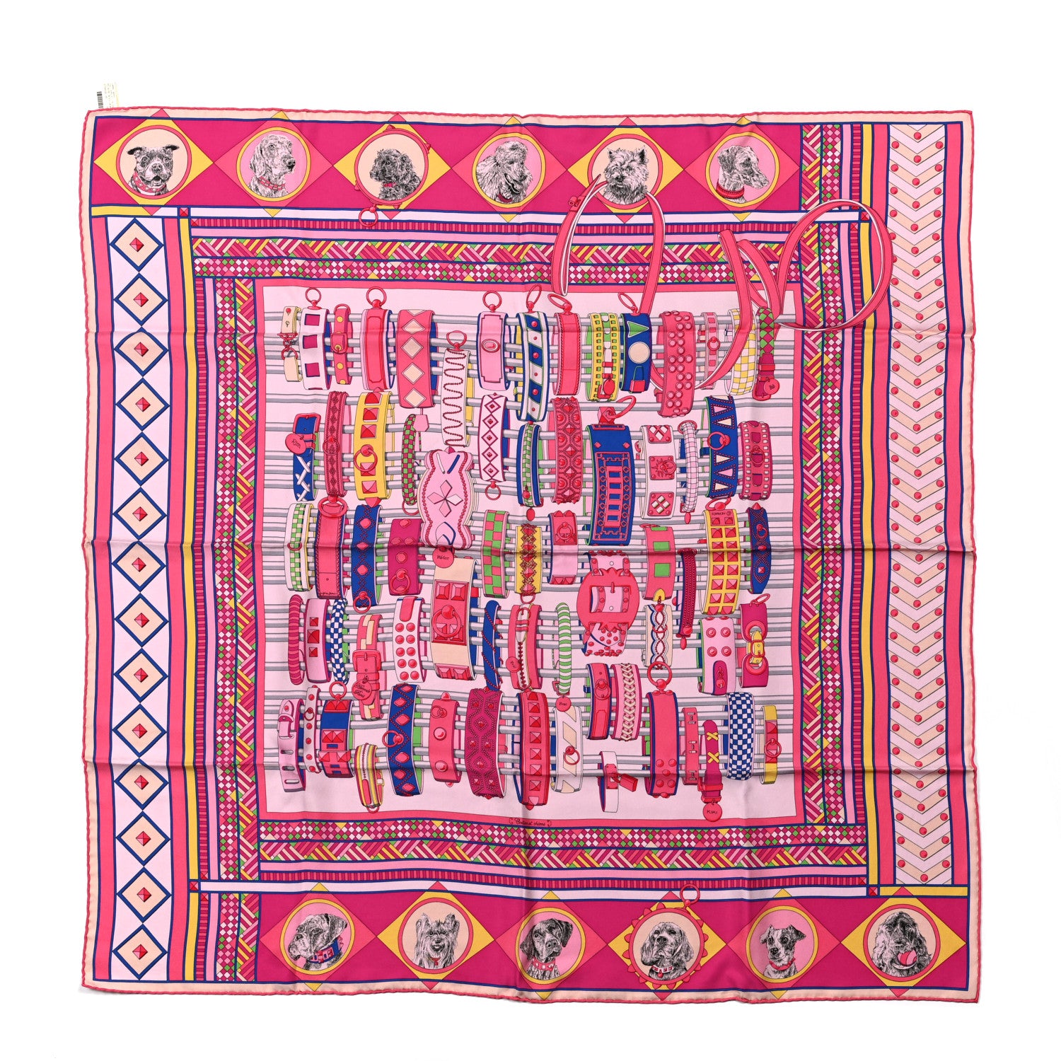 Hermes Silk Carre Wash Colliers de Chiens Scarf 90 Rose Bleu Jaune 1 of 10