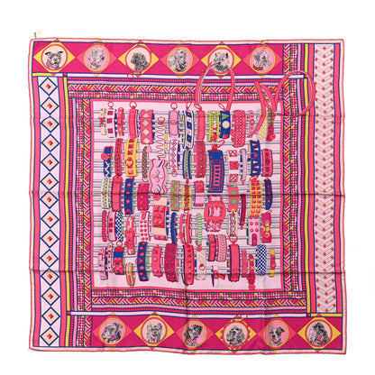 Hermes Silk Carre Wash Colliers de Chiens Scarf 90 Rose Bleu Jaune 1 of 10