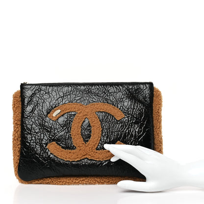 Chanel Shiny Crumpled Sheepskin Shearling CC Mania Zip Pouch Black Beige 2 of 9