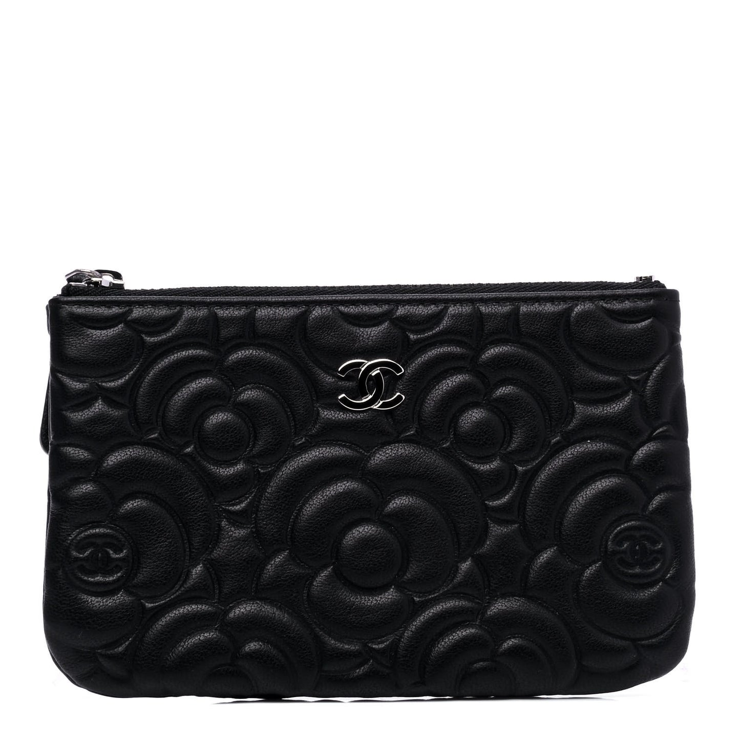 Goatskin Camellia Embossed Cosmetic Pouch Black