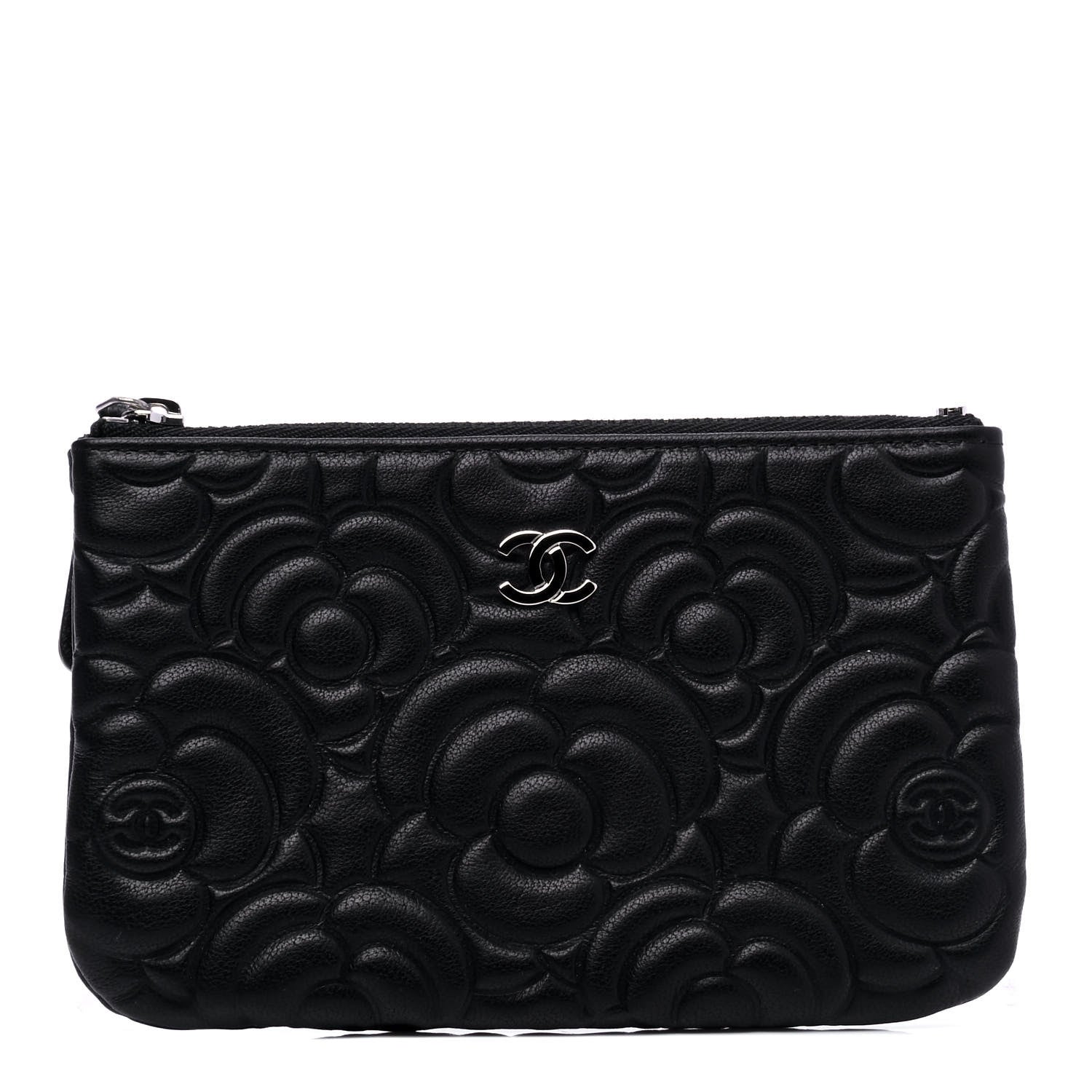 Chanel Goatskin Camellia Embossed Cosmetic Pouch Black 1 of 4