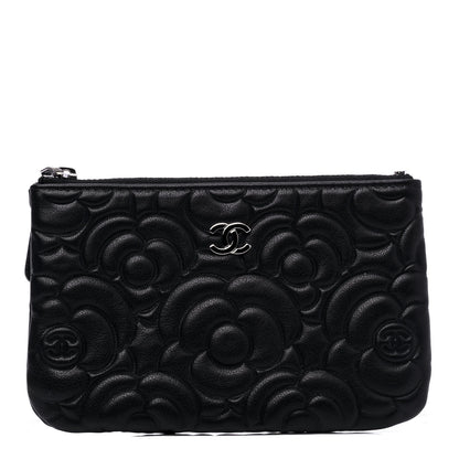 Chanel Goatskin Camellia Embossed Cosmetic Pouch Black 1 of 4