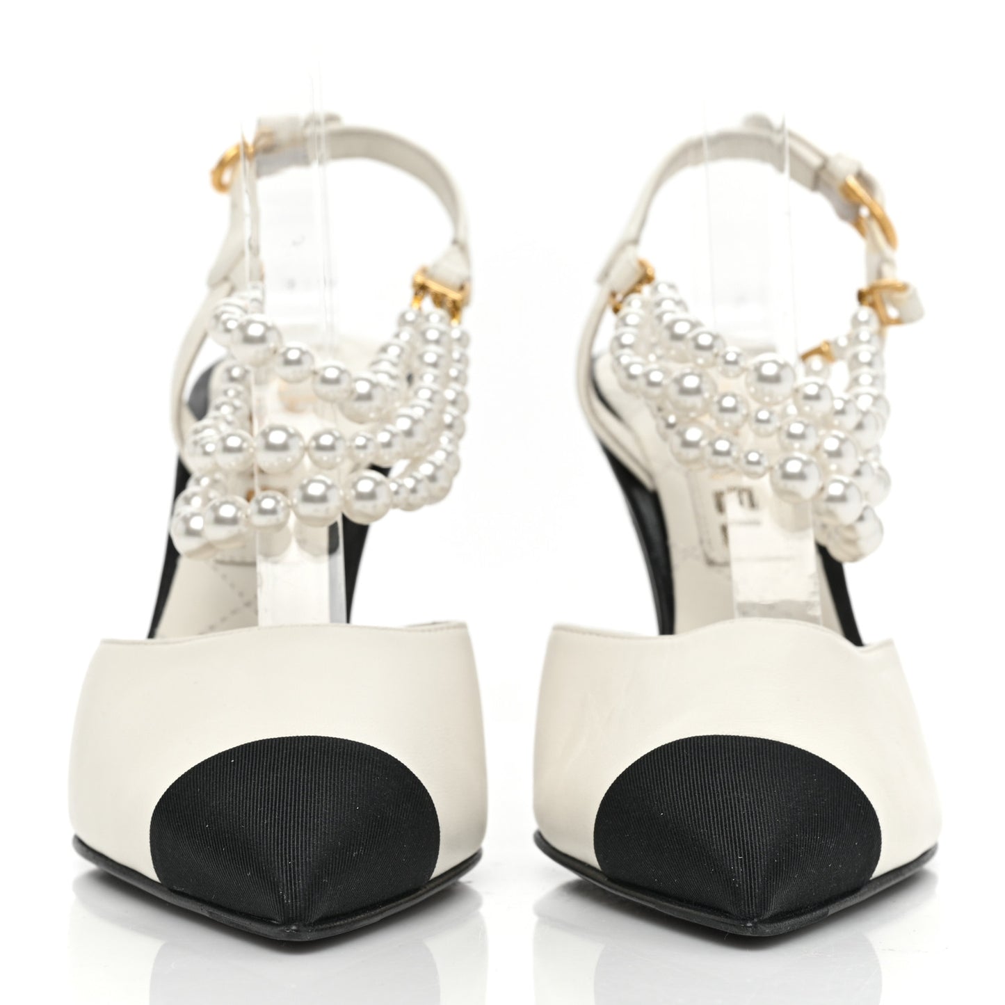 Lambskin Grosgrain Cap Toe Pearl Slingbacks Pumps 37 Ivory Black